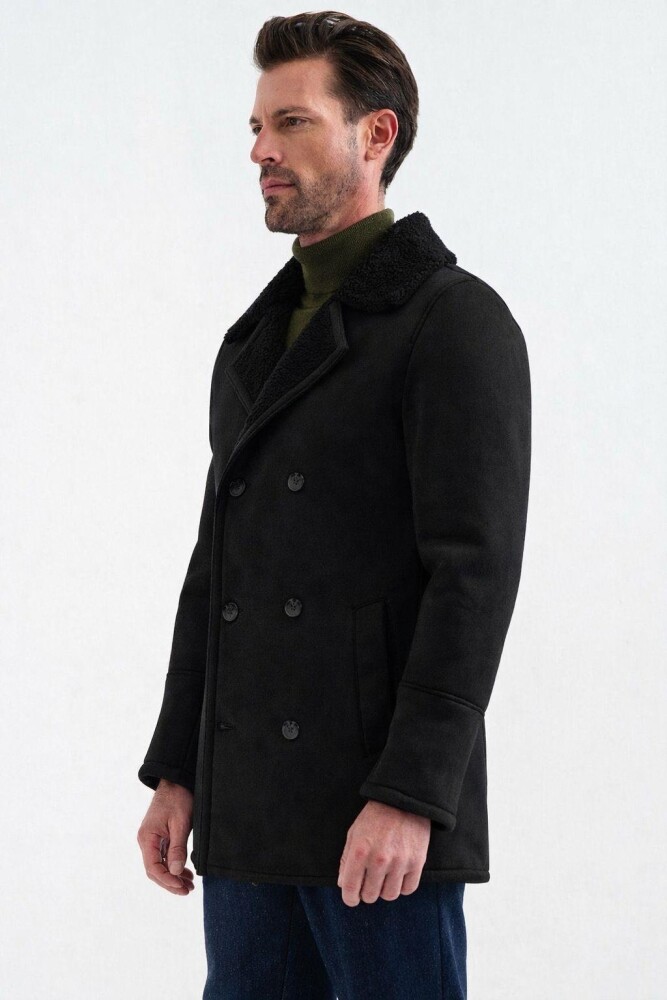 NOLAN REGULAR FIT FUR-LINED INSIDE BUTTONED FOLDED COLLAR WITH SIDE POCKETS CLASSIC BROWN SUEDE COAT - 7