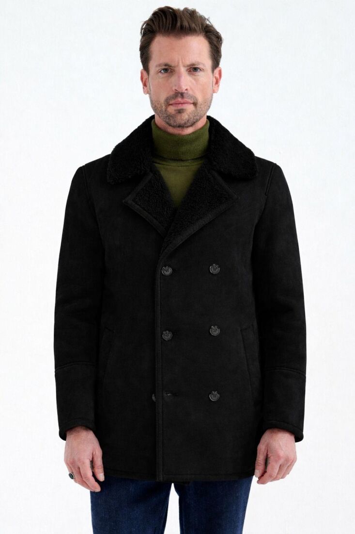 NOLAN REGULAR FIT FUR-LINED INSIDE BUTTONED FOLDED COLLAR WITH SIDE POCKETS CLASSIC BROWN SUEDE COAT - 8