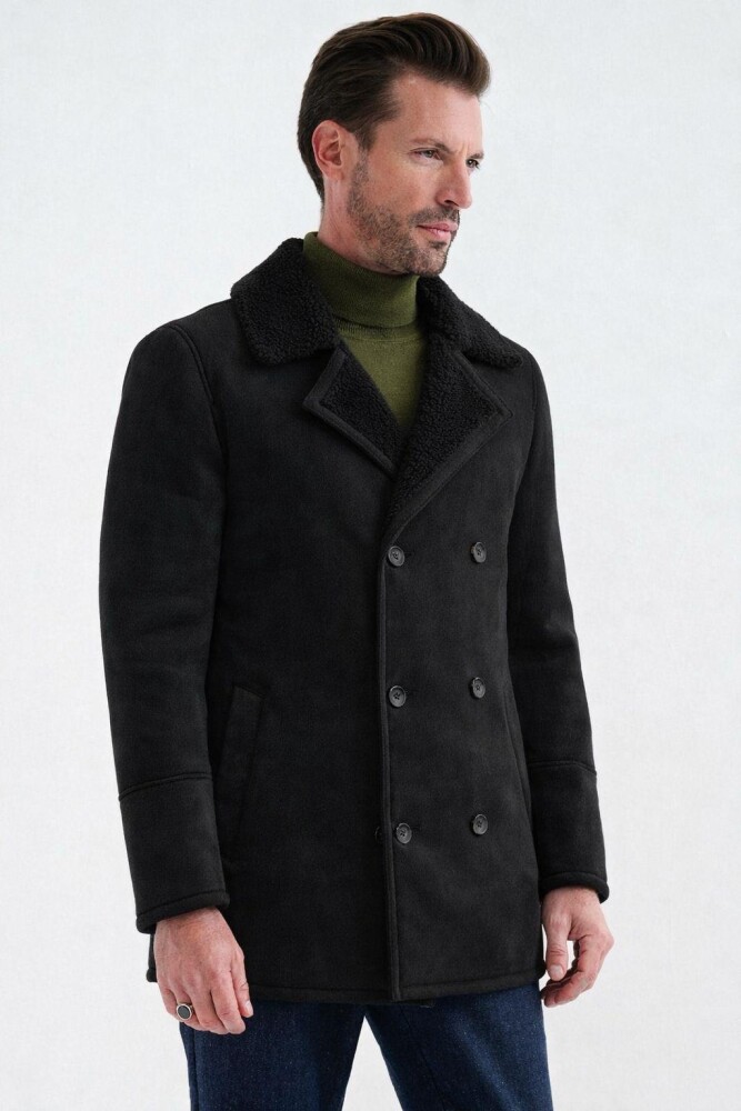 NOLAN REGULAR FIT FUR-LINED INSIDE BUTTONED FOLDED COLLAR WITH SIDE POCKETS CLASSIC BROWN SUEDE COAT - 9