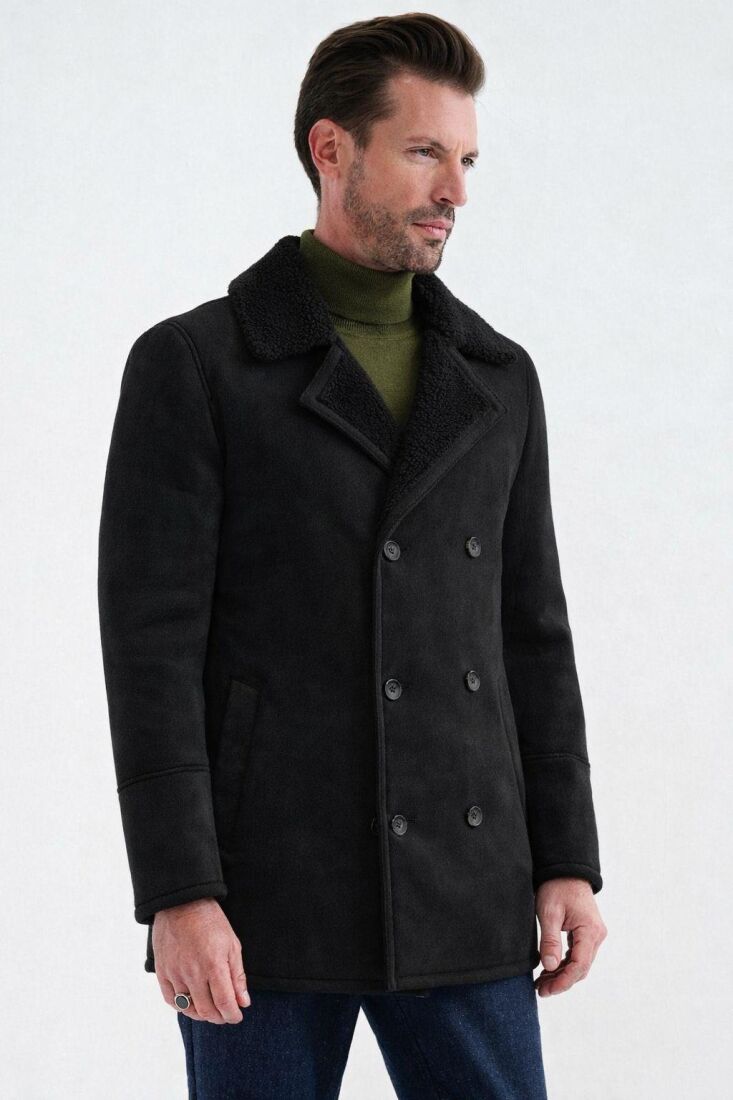 NOLAN REGULAR FIT FUR-LINED INSIDE BUTTONED FOLDED COLLAR WITH SIDE POCKETS CLASSIC BROWN SUEDE COAT - 9