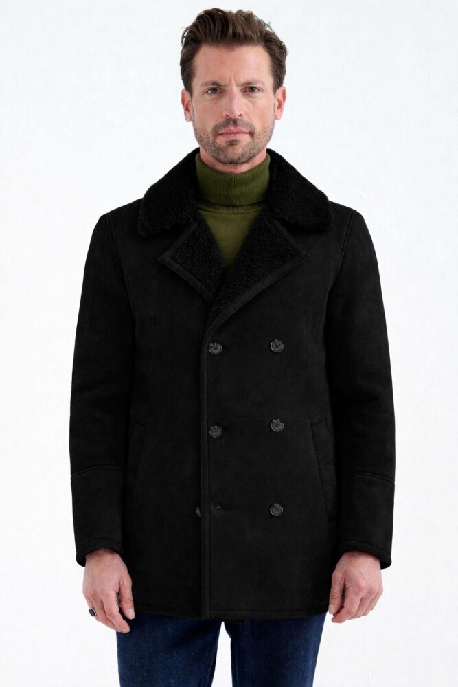 NOLAN REGULAR FIT FUR-LINED INSIDE BUTTONED FOLDED COLLAR WITH SIDE POCKETS CLASSIC BROWN SUEDE COAT - 8