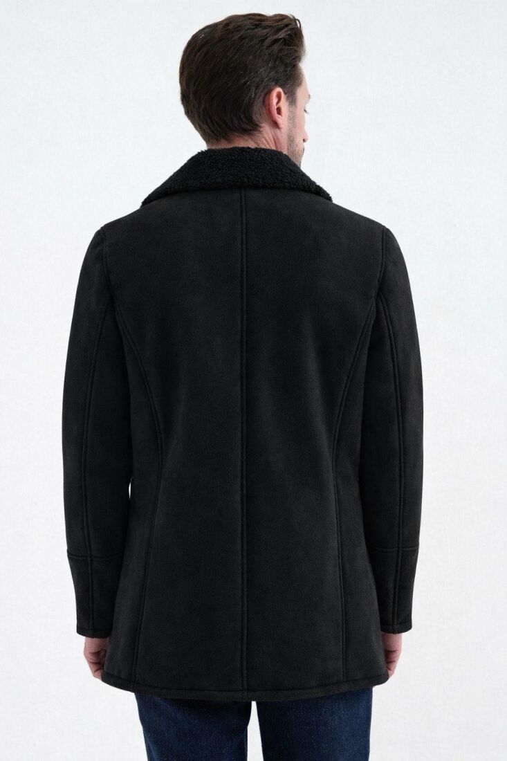 NOLAN REGULAR FIT FUR-LINED INSIDE BUTTONED FOLDED COLLAR WITH SIDE POCKETS CLASSIC BROWN SUEDE COAT - 10