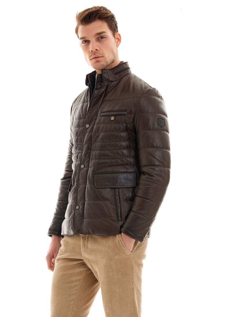 PIERRE CARDIN ALISTAIR SLIM FIT GARNISHED SNAP DETAIL GENUINE LEATHER JACKET - 1