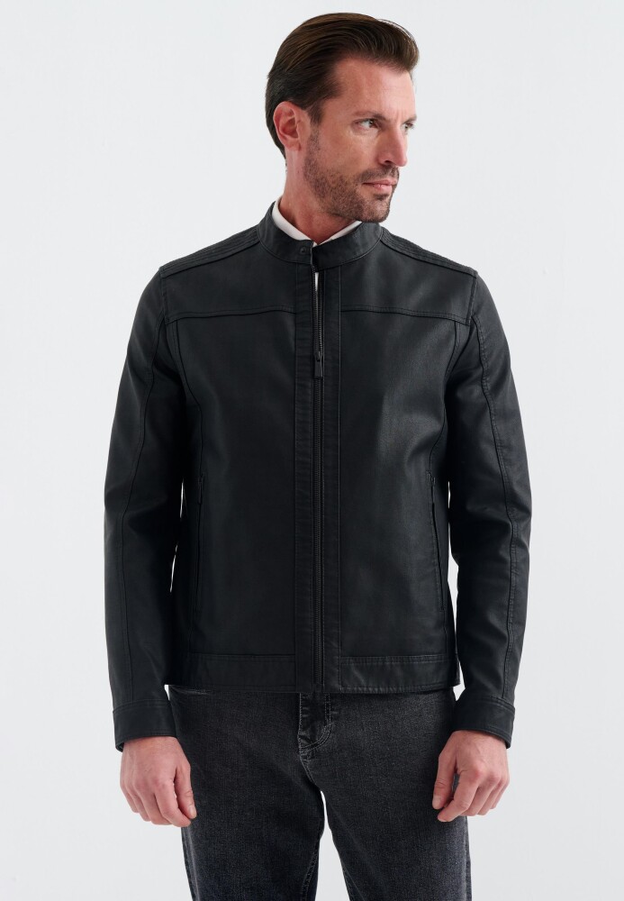 Pierre Cardin Cedric Biker Tarzi Deri Dokuma , Regular Fit, Erkek Suni Deri Mont - Pierre Cardin