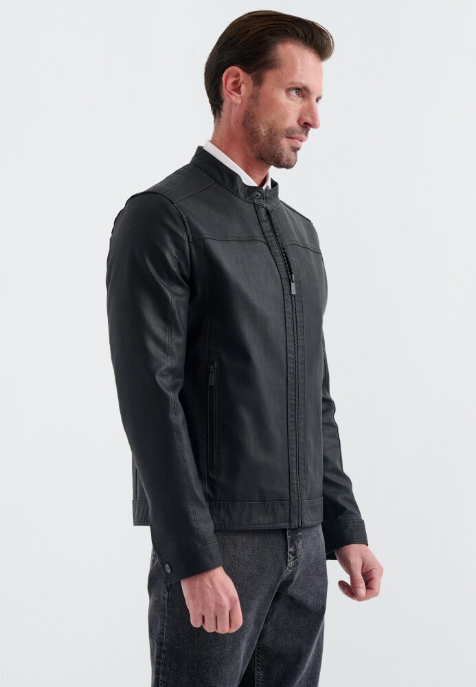 Pierre Cardin Cedric Biker Tarzi Deri Dokuma , Regular Fit, Erkek Suni Deri Mont - Pierre Cardin (1)