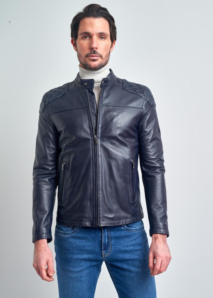 SEBASTIEN STAND COLLAR SPORTY GENUINE LEATHER JACKET - 1