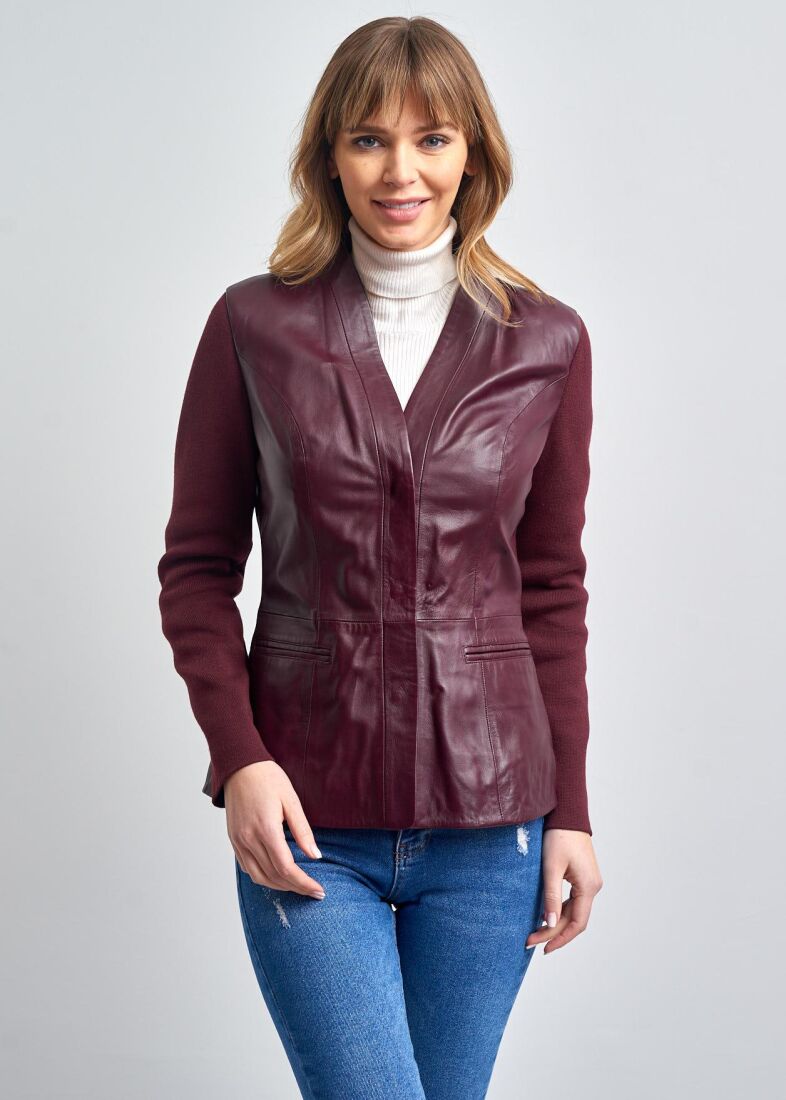 VIVIENNE KNITTED SLEEVES BUTTONED GENUINE LEATHER JACKET - 1