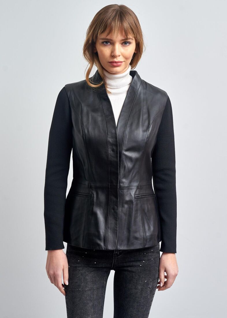 VIVIENNE KNITTED SLEEVES BUTTONED GENUINE LEATHER JACKET - 2