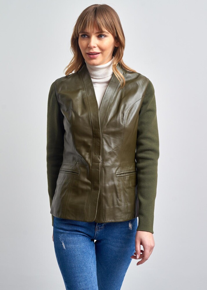 VIVIENNE KNITTED SLEEVES BUTTONED GENUINE LEATHER JACKET - 5