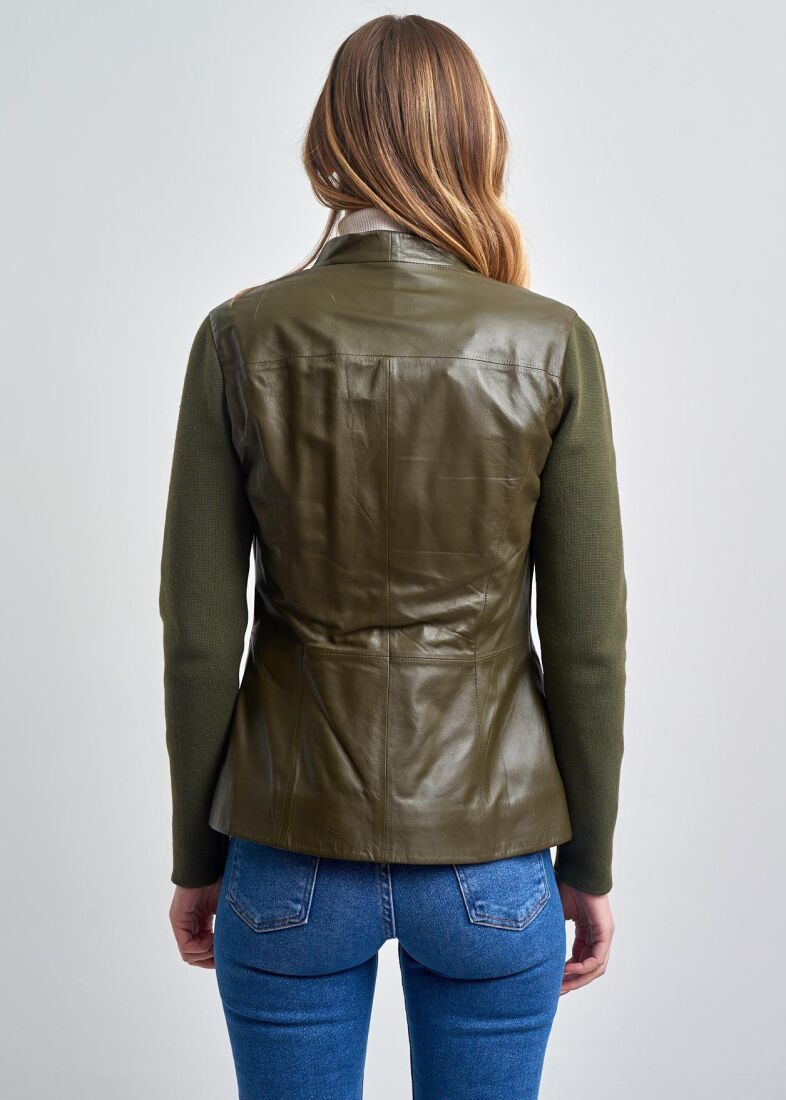 VIVIENNE KNITTED SLEEVES BUTTONED GENUINE LEATHER JACKET - 7