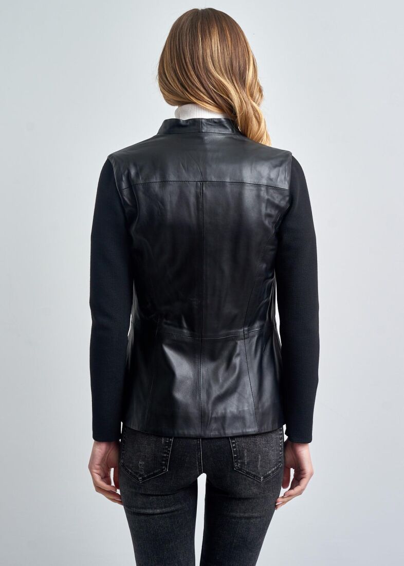 VIVIENNE KNITTED SLEEVES BUTTONED GENUINE LEATHER JACKET - 4