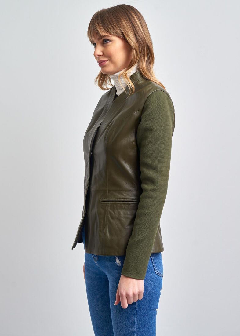 VIVIENNE KNITTED SLEEVES BUTTONED GENUINE LEATHER JACKET - 6