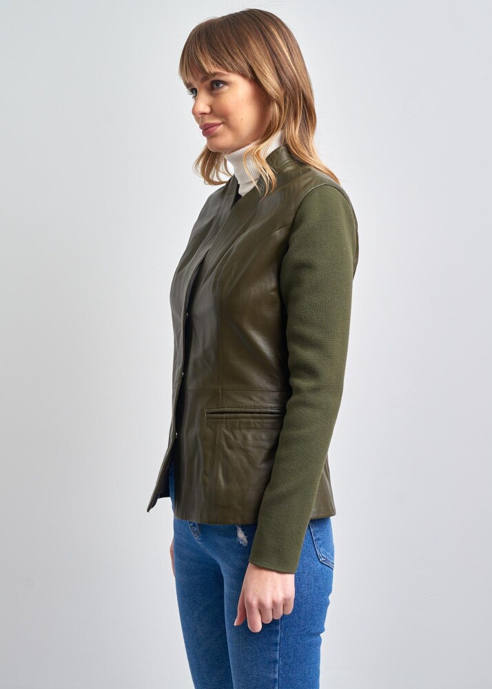 VIVIENNE KNITTED SLEEVES BUTTONED GENUINE LEATHER JACKET - 6